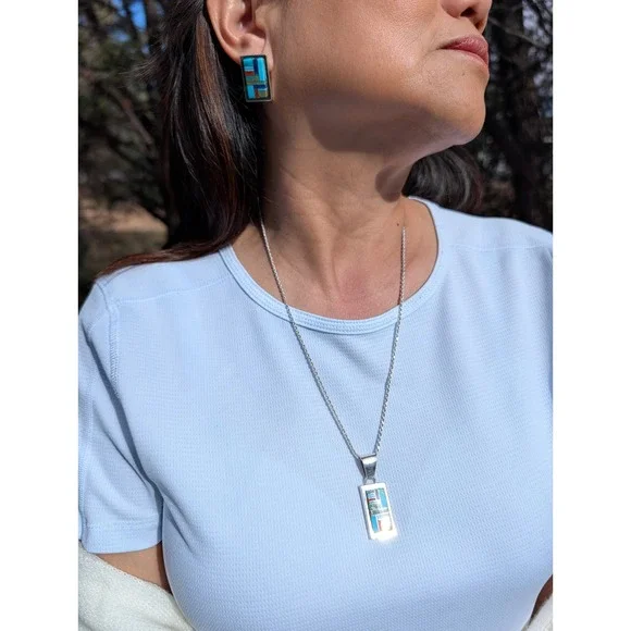Authentic Patricia Becenti Navajo Inlay Necklace & Earring Set Mosaic Jewelry**